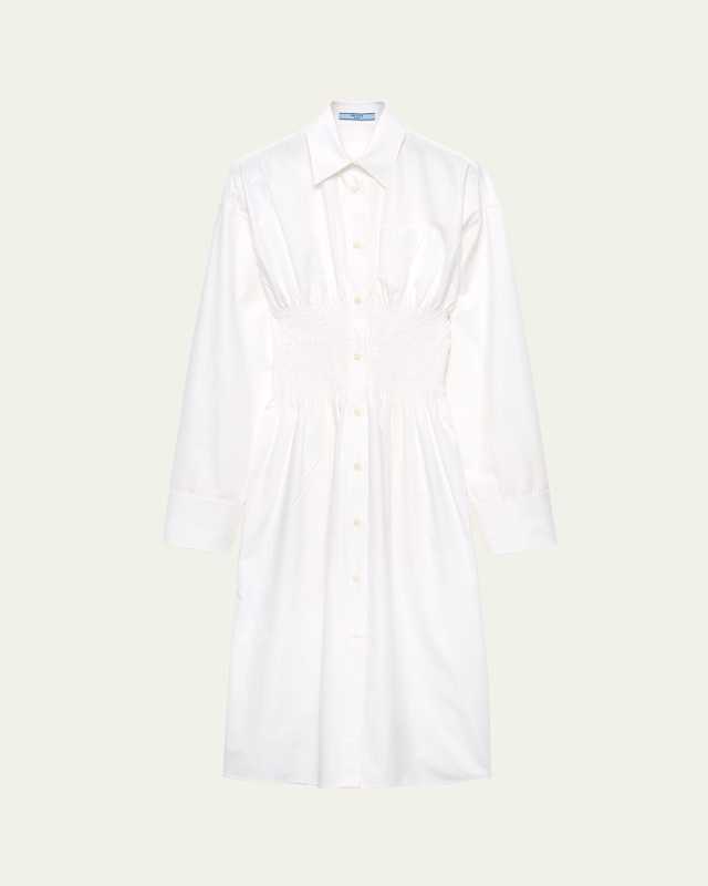 Smocked Canvas Fit-and-Flare Midi Shirt Dress